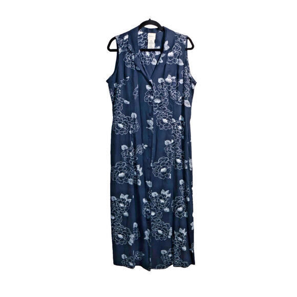 VTG Navy Blue Floral Linen Blend Shirt Dress 90s Mom Button Up Boho Preppy‎ 16 * - Picture 1 of 6
